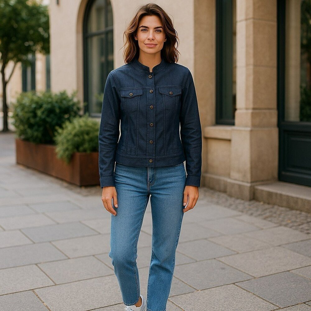 Nina Leonard Womens Small Dark Wash Long Sleeve Button Front Denim Jean Jacket